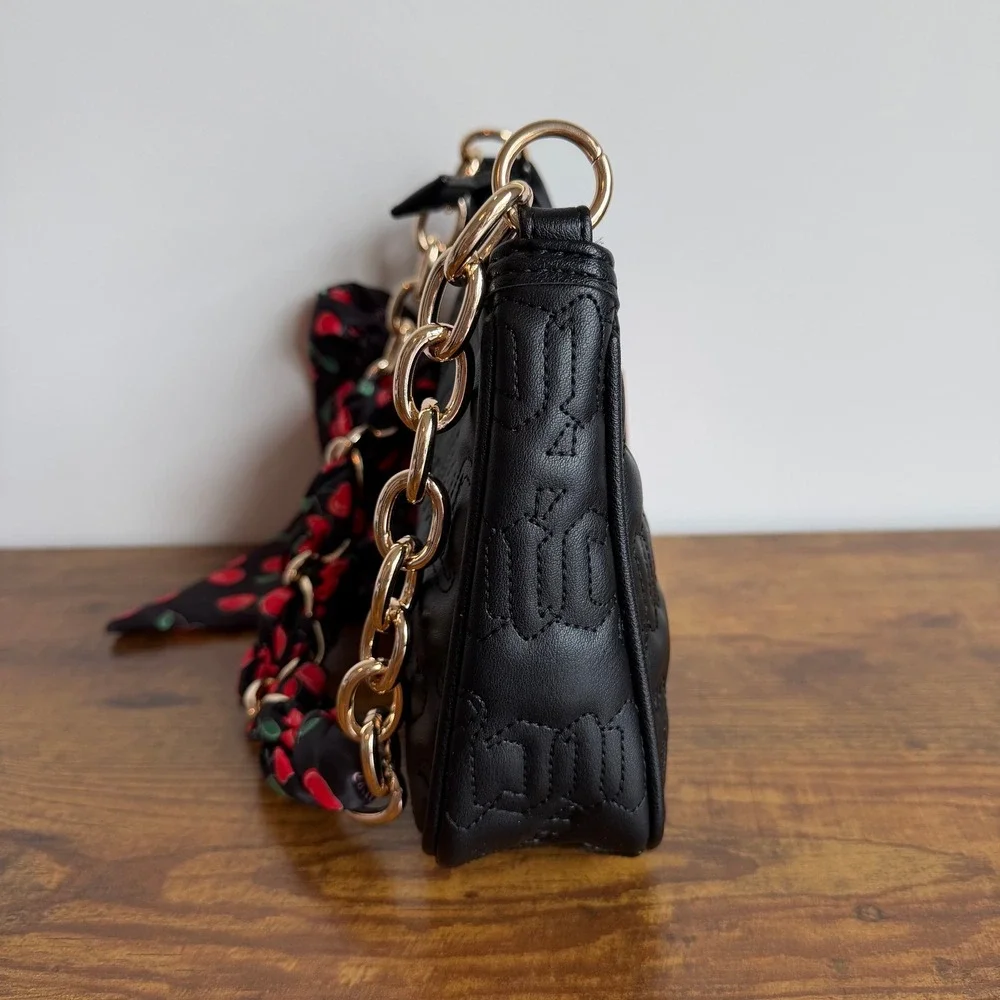 New Juicy Couture Fashion Item Black Cherry Scarf Shoulder Handbag Gold Chain